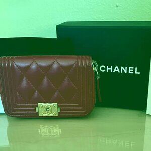 CHANEL Red Lambskin Quilted Boy Zip Around Coin Purse Wallet